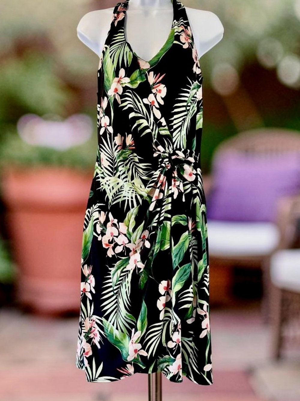 Tommy Bahama Halter Dress M Tropical Floral Faux Wrap Resort Beach Open Back